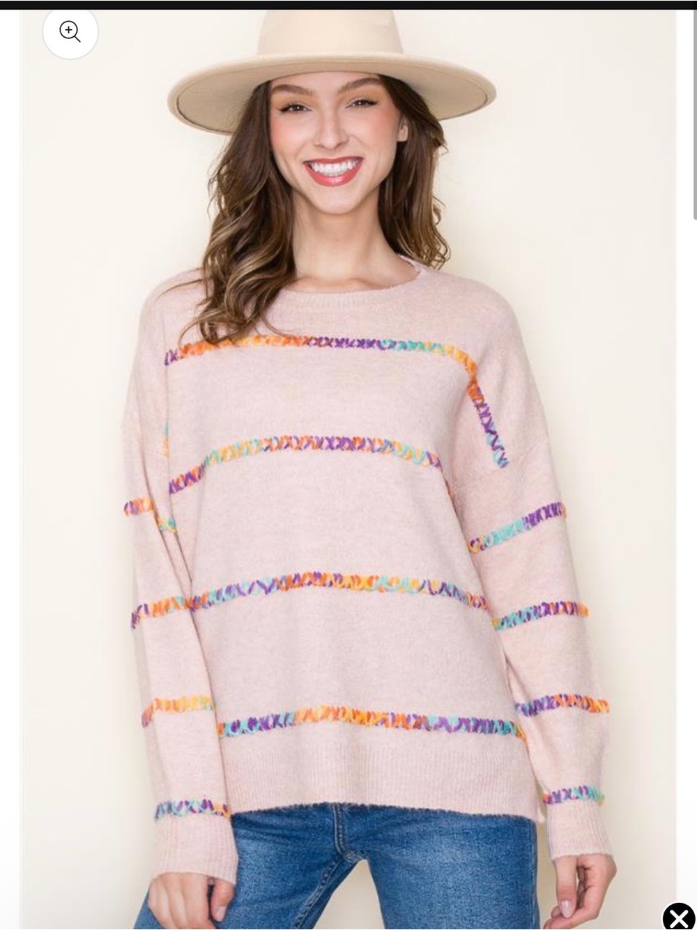 Staccato Peach Crewneck Sweater with Multicolor Loop Trim ptp 24 length 27 NWOT